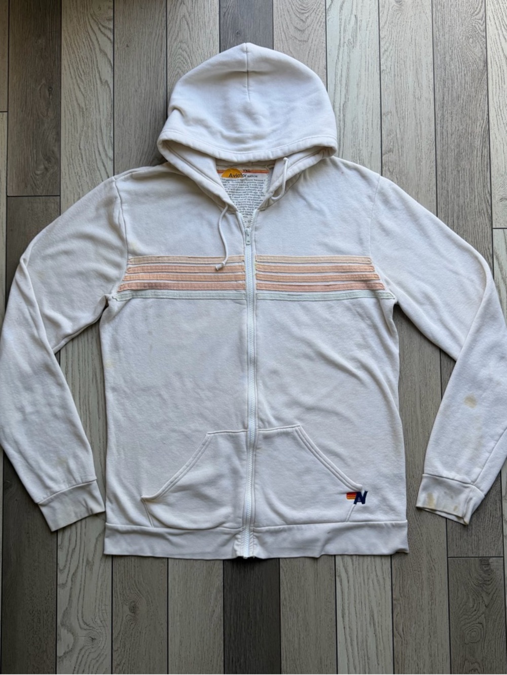 Aviator Nation Cream Zip-Up Hoodie with Peach Stripe Accents XXL